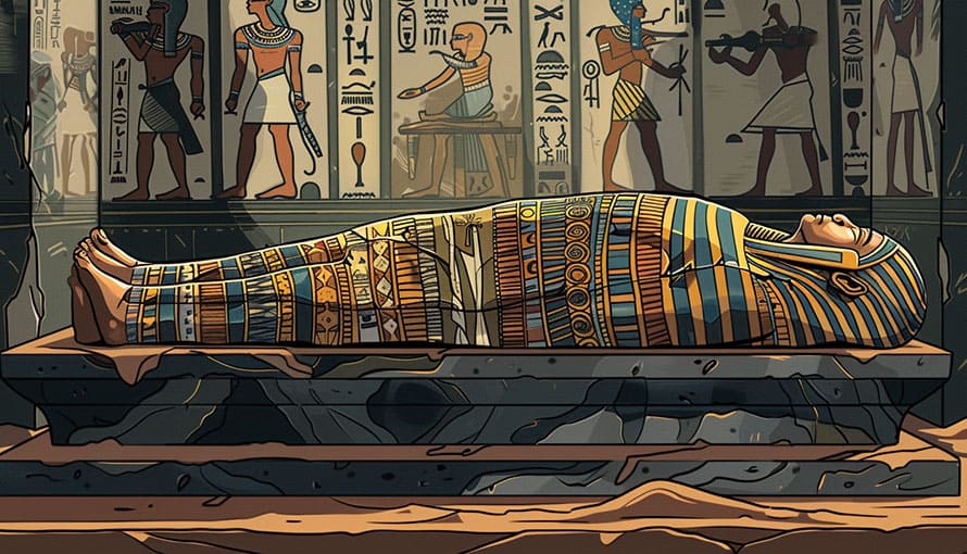An Egyptian sarcophagus rests on a stone slab, surrounded by hieroglyphic-covered walls.