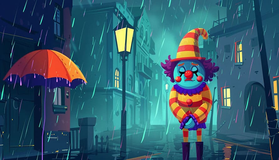 A sad clown stands in the rain at night next to an orange umbrella on a deserted street.