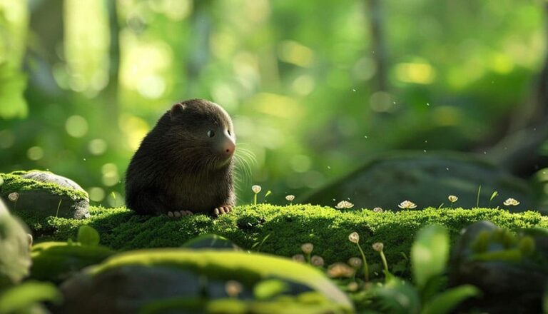 A small mole sits on moss in a lush, sunlit forest surrounded by tiny mushrooms.