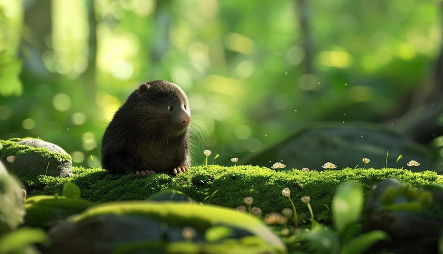 A small mole sits on moss in a lush, sunlit forest surrounded by tiny mushrooms.