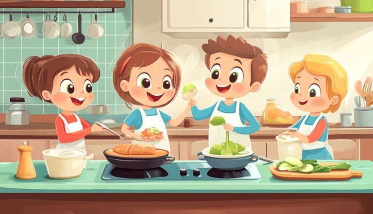 Four children happily cooking together in a bright, modern kitchen.