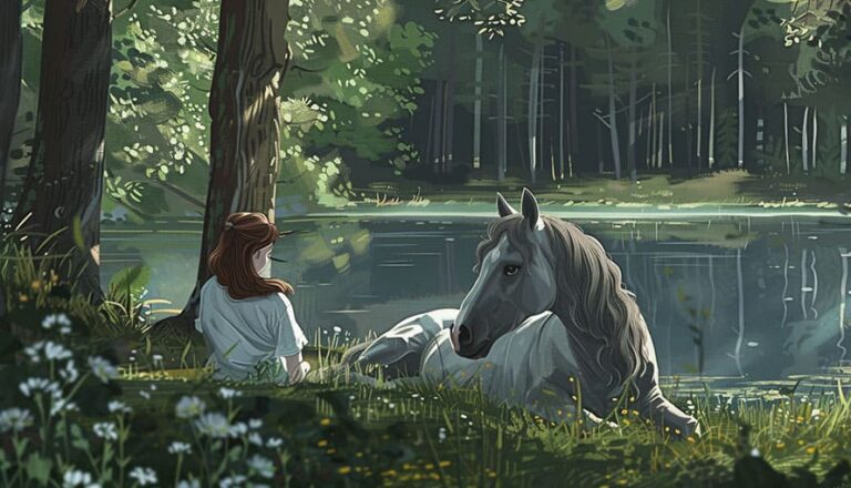 A person sits by a gray horse near a forest lake in a sunlit, grassy clearing.