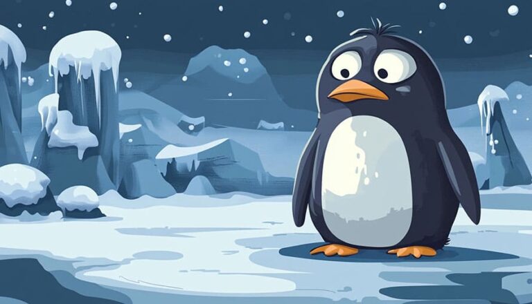 Cartoon penguin standing on snow in a snowy, icy landscape at night.