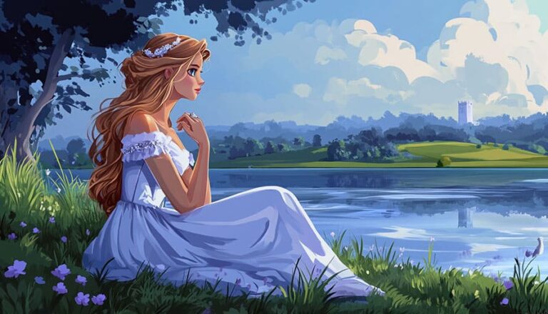 A woman in a white dress sits by a lake, gazing at distant hills and a tower.