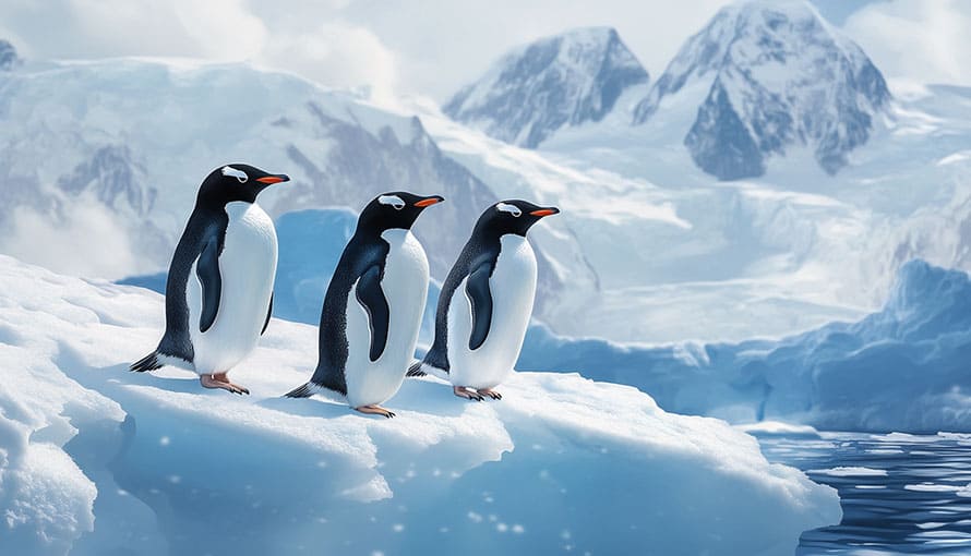 Three penguins stand on an ice floe with snowy mountains and water in the background.