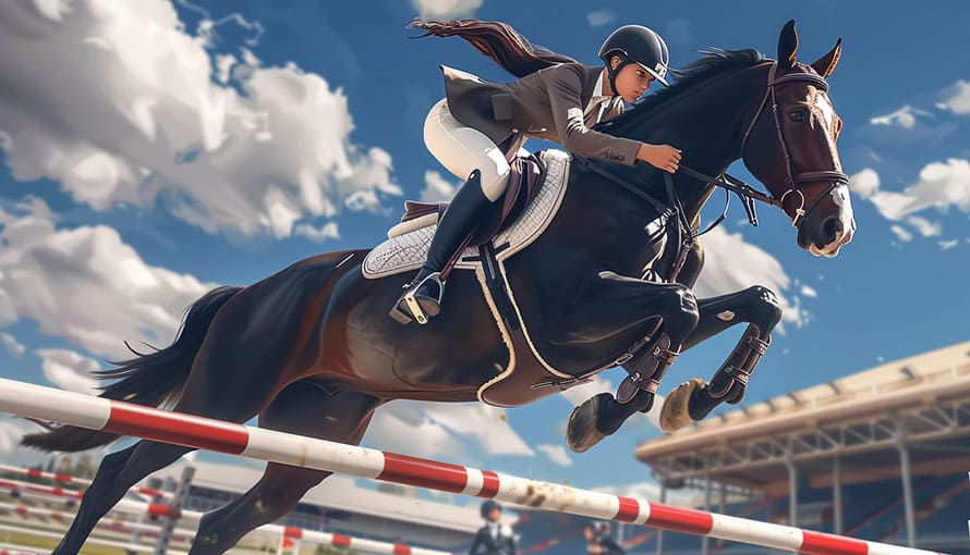 Rider on a black horse jumping over a red and white hurdle at an outdoor equestrian event.
