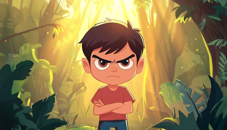 Animated boy with crossed arms and angry expression stands in a sunlit jungle setting.