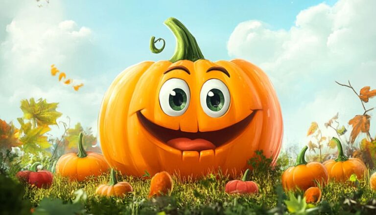 Large pumpkin with a cartoon face smiles in a field surrounded by smaller pumpkins and plants.