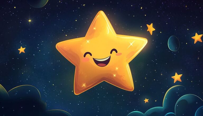Smiling cartoon star with a happy face, surrounded by smaller stars in a night sky.