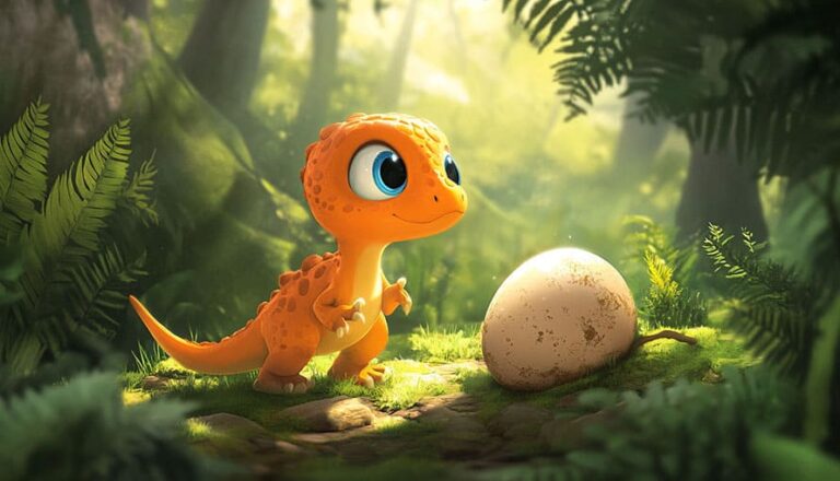 Orange cartoon dinosaur with blue eyes stands next to a large egg in a sunlit forest.