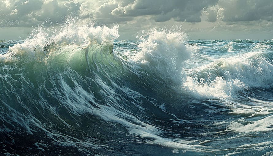 Large ocean waves crashing under a cloudy sky.