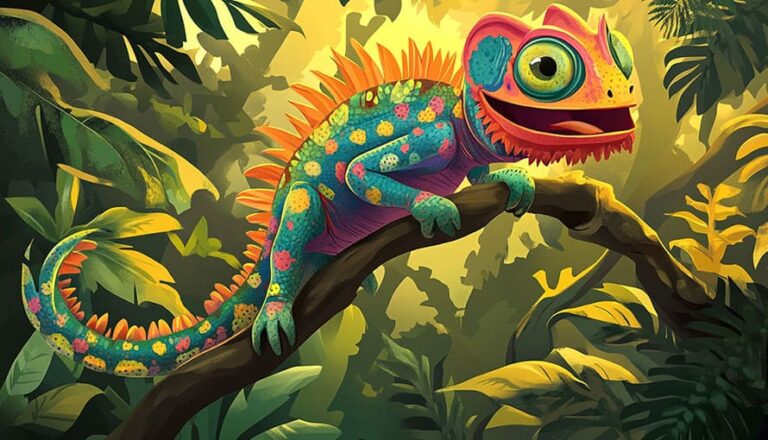 Colorful cartoon chameleon with orange spines on a branch in a dense jungle setting.