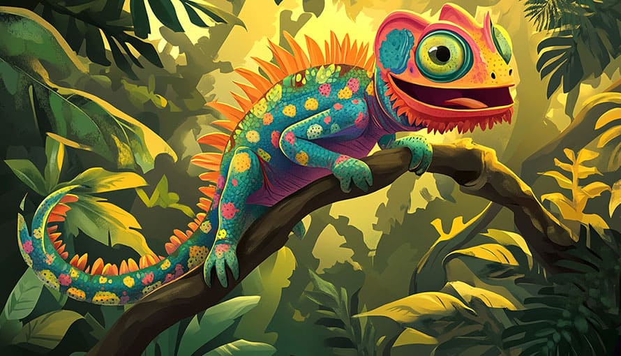 Colorful cartoon chameleon with orange spines on a branch in a dense jungle setting.