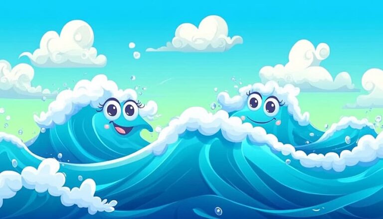 Cartoon waves with smiling faces and foam under a bright blue sky with clouds.