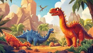Three cartoon dinosaurs in a tropical prehistoric landscape with palm trees and rocky hills.