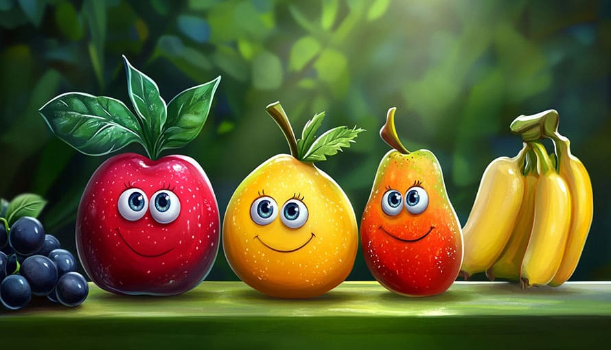 Cartoon fruits with smiling faces and large eyes include an apple, pear, mango, and bananas.