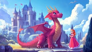 A red dragon and a princess stand together in front of a castle on a sunny day.