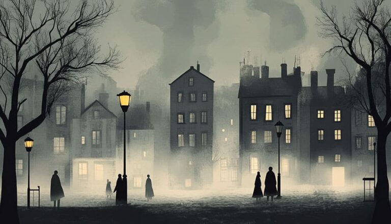 People walk in a foggy town square at night, with lit street lamps and buildings.