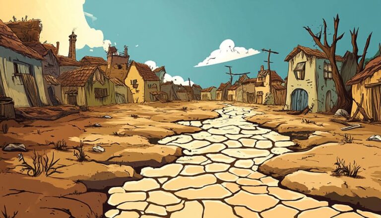 Cartoon-style illustration of a dry, cracked street in a deserted, rundown village.