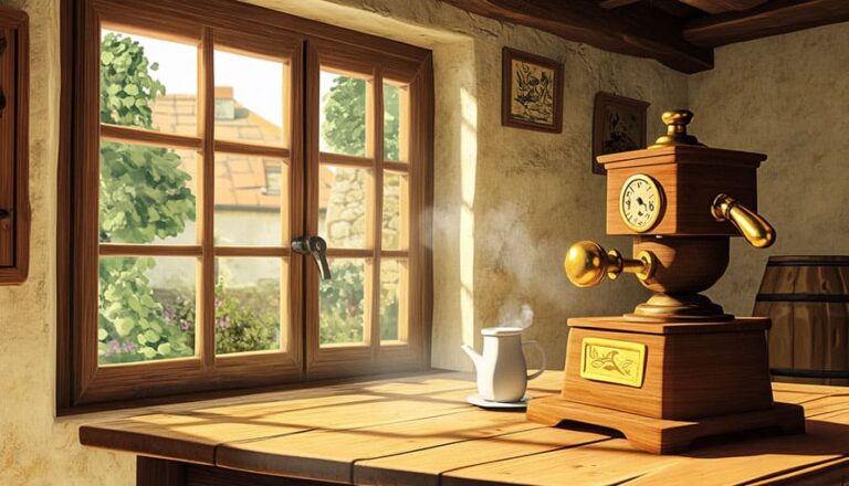 A vintage coffee grinder and steaming teapot sit on a sunny wooden kitchen table by a window.