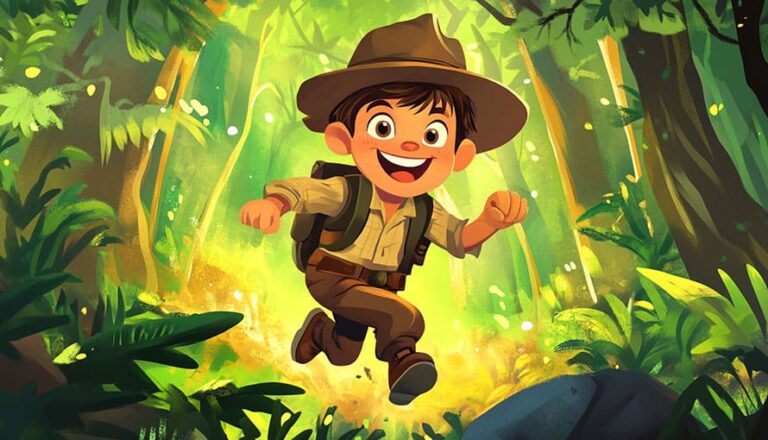 Animated boy explorer jumping excitedly in a lush, sunlit jungle with a backpack and hat.