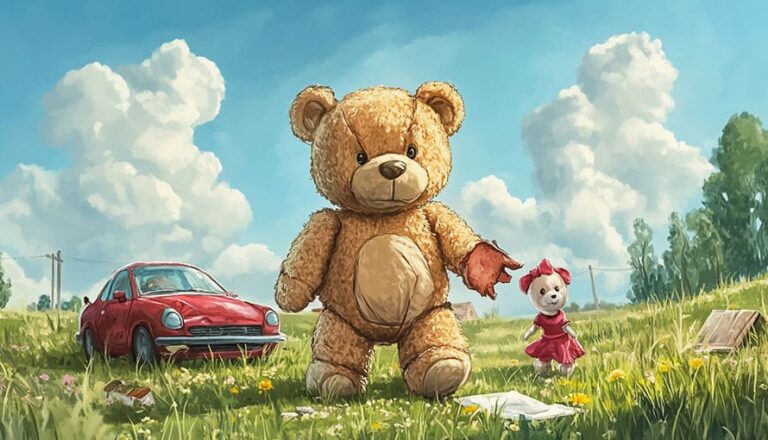 A large teddy bear with a torn arm stands in a field near a red car and a smaller toy bear.
