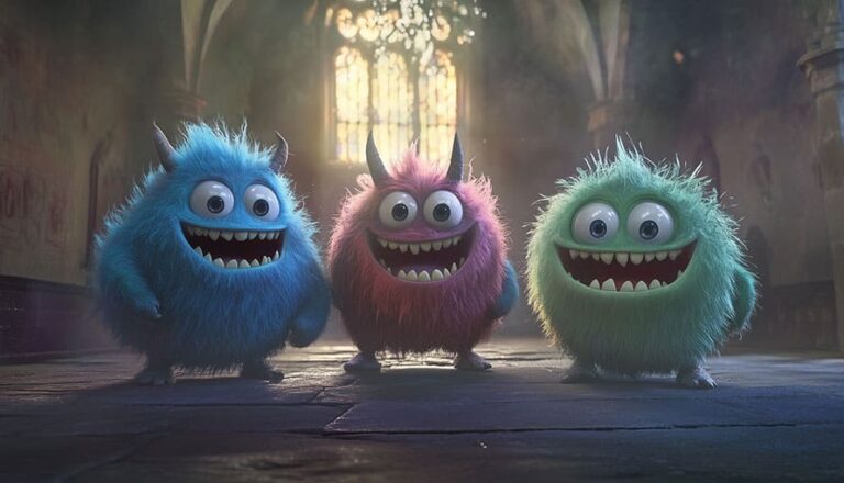 Three fluffy, colorful cartoon monsters stand smiling in a dimly lit, cathedral-like room.