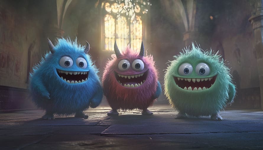 Three fluffy, colorful cartoon monsters stand smiling in a dimly lit, cathedral-like room.
