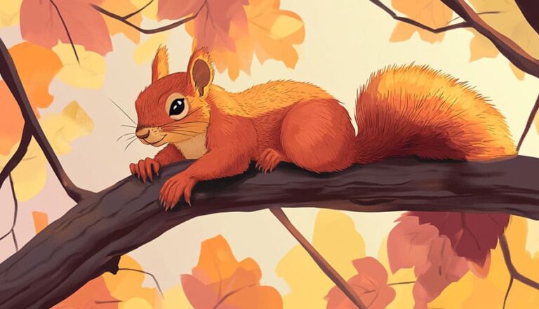 An orange squirrel lies on a tree branch surrounded by autumn leaves.