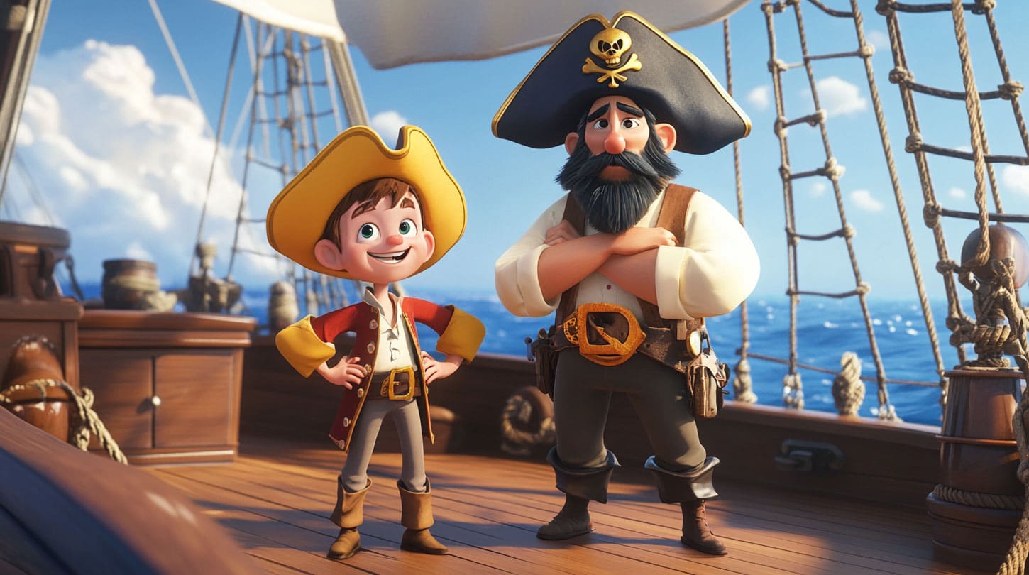 Animated boy and pirate stand together on a wooden ship deck under a sunny sky.