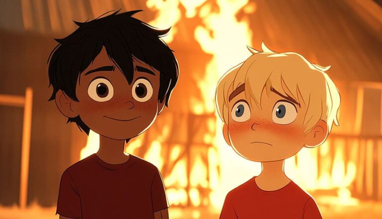Two animated boys stand in front of a burning building, one smiling, one looking worried.