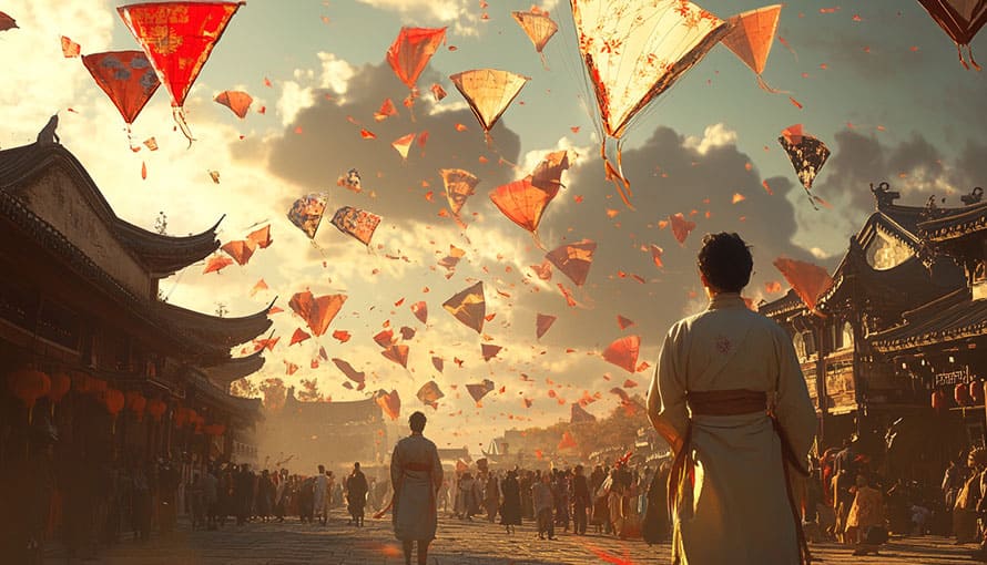 Crowd in traditional attire watches red kites flying over a historic street at sunset.