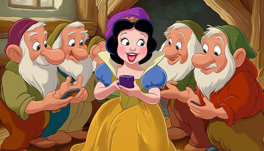 Snow White and five dwarfs sit together, each holding a smartphone and looking at the screens.