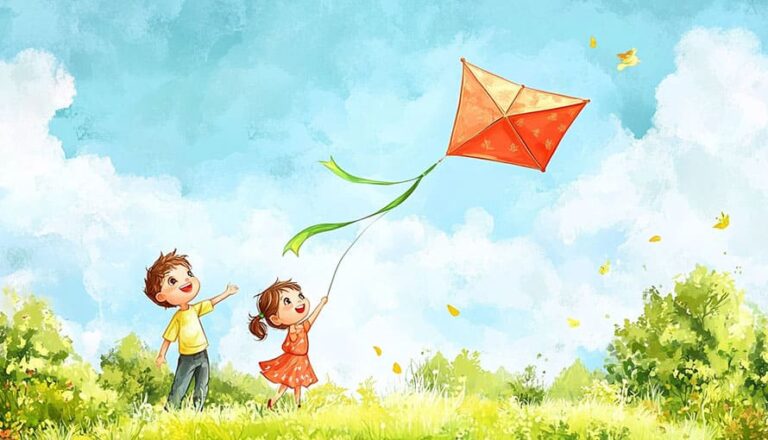 Two children fly a red kite on a grassy field under a blue sky with clouds.