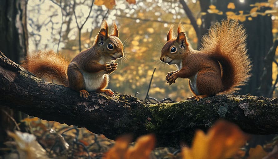 Two red squirrels sit on a mossy branch in a forest, facing each other.