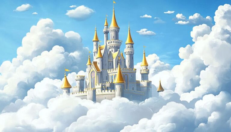 A large fairytale castle with golden spires sits among fluffy white clouds in a blue sky.