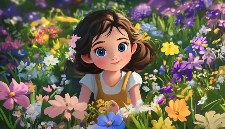 Animated girl with brown hair sits among colorful wildflowers, smiling at the viewer.