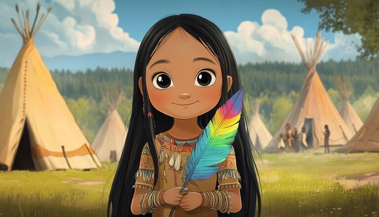 Animated girl with long dark hair holds a colorful feather in front of tipis outdoors.