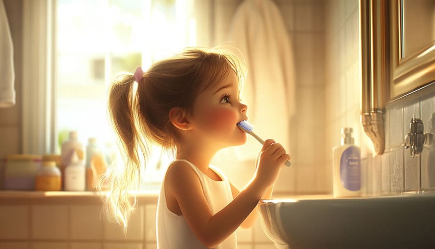 Young girl with ponytail brushes her teeth at a bathroom sink in soft natural light.