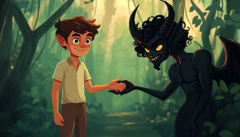 A boy shakes hands with a horned, winged demon in a forest setting.