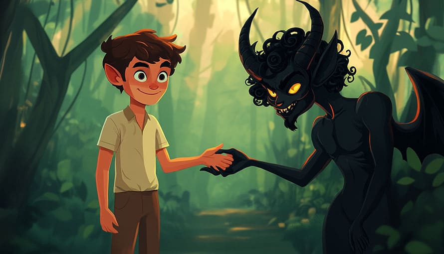 A boy shakes hands with a horned, winged demon in a forest setting.