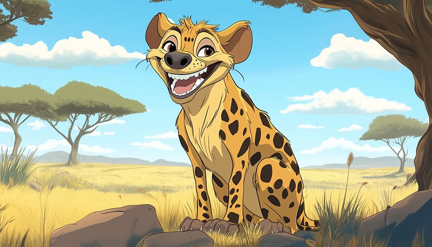Animated hyena with spots smiling in a grassy savanna with acacia trees under a blue sky.