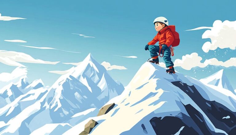 Cartoon child in winter gear stands atop a snowy mountain peak under a clear sky.