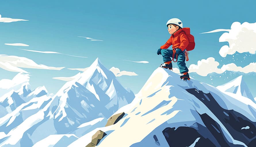 Cartoon child in winter gear stands atop a snowy mountain peak under a clear sky.