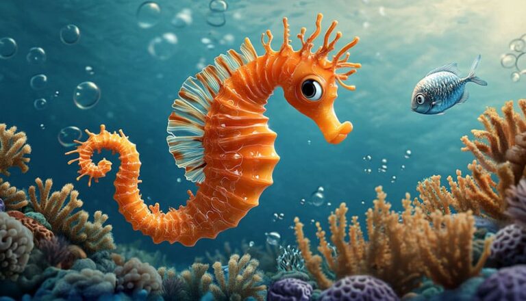 A bright orange seahorse swims near coral reefs beside a small blue fish underwater.