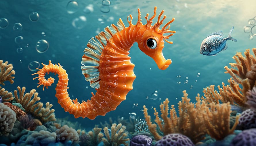 A bright orange seahorse swims near coral reefs beside a small blue fish underwater.