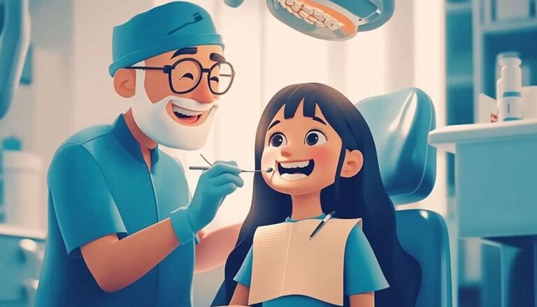 Animated dentist examines a smiling girls teeth in a brightly lit dental office.