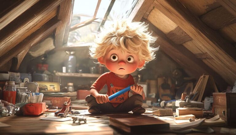 Animated child with messy hair sits in a cluttered attic holding a blue crayon and looking surprised.
