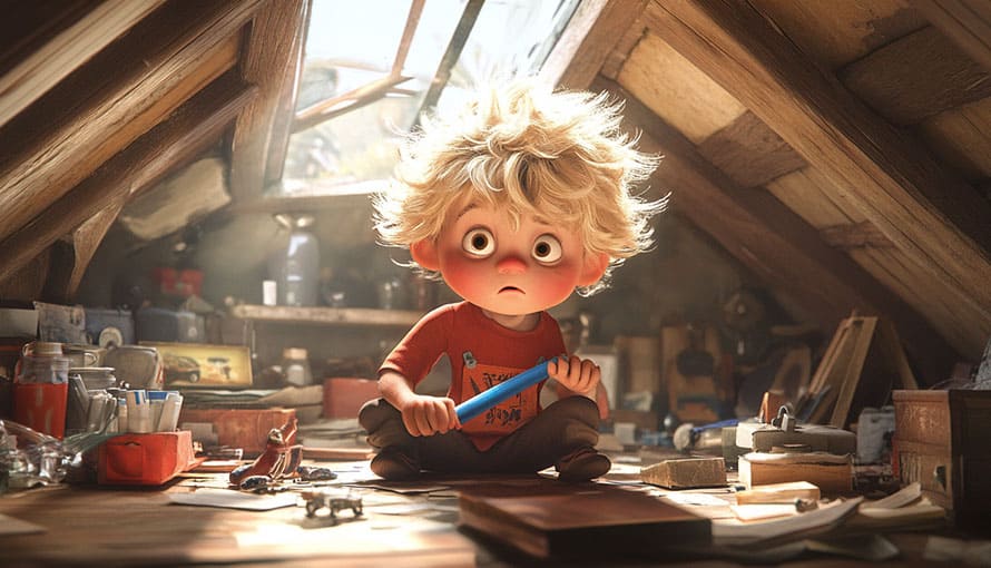 Animated child with messy hair sits in a cluttered attic holding a blue crayon and looking surprised.
