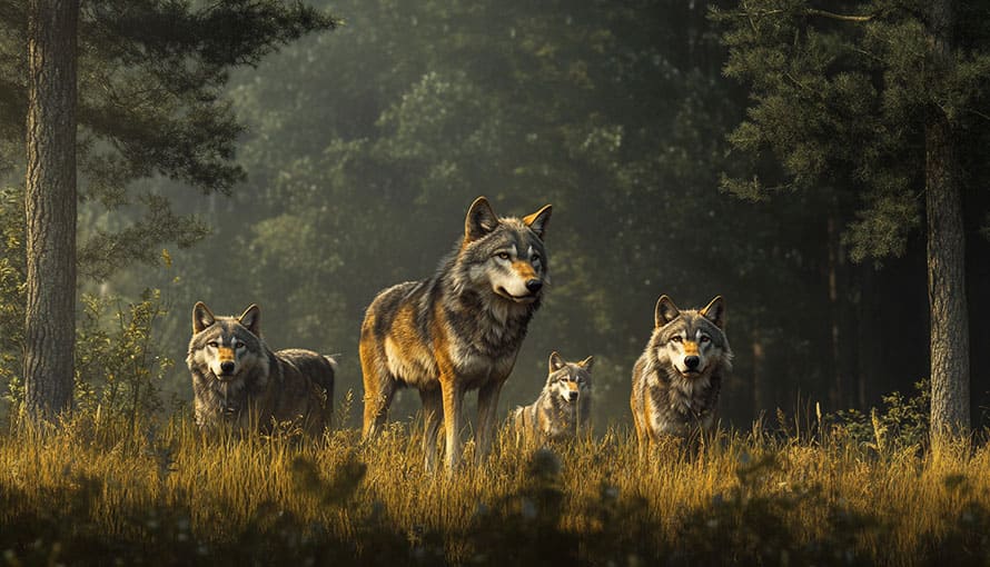 A pack of four wolves stands together in a forest clearing surrounded by trees and grass.